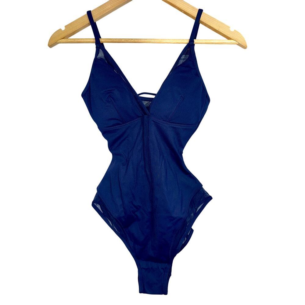 NWT TA3 Mesh One Piece Swim Midnight Blue Lace Up Corset Swimsuit Womens Size XS